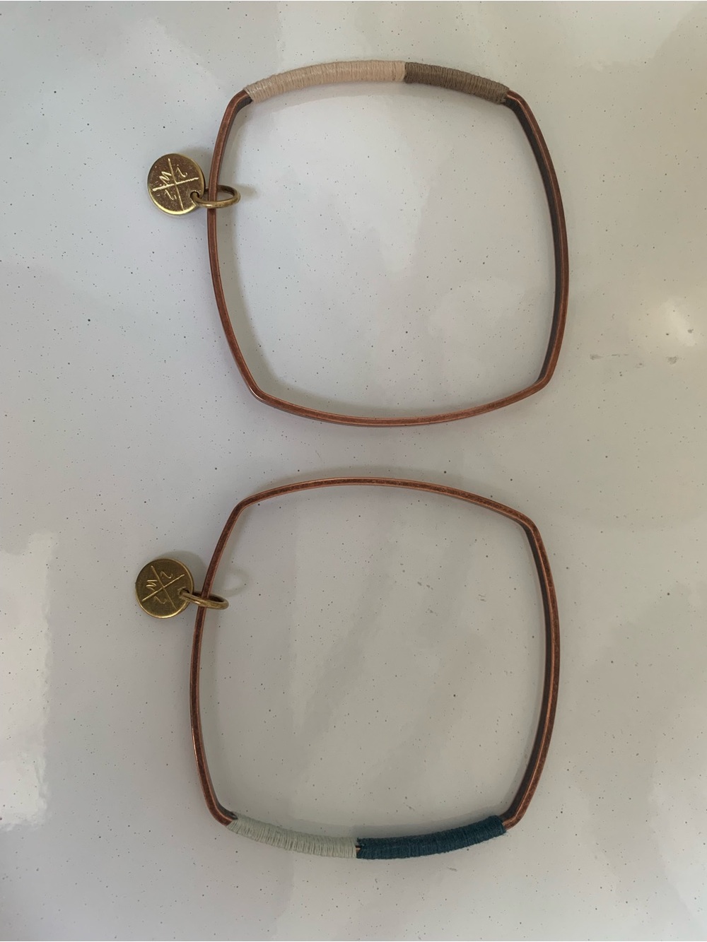Magnolia Copper Square Bangle Bracelets with Neutral and Teal Cotton Wraps NWT